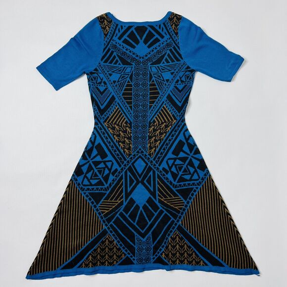 Flying Tomato Size XS Blue Multi Aztec Fit And Flare Asymmetrical Sweater Dress - Picture 2 of 7